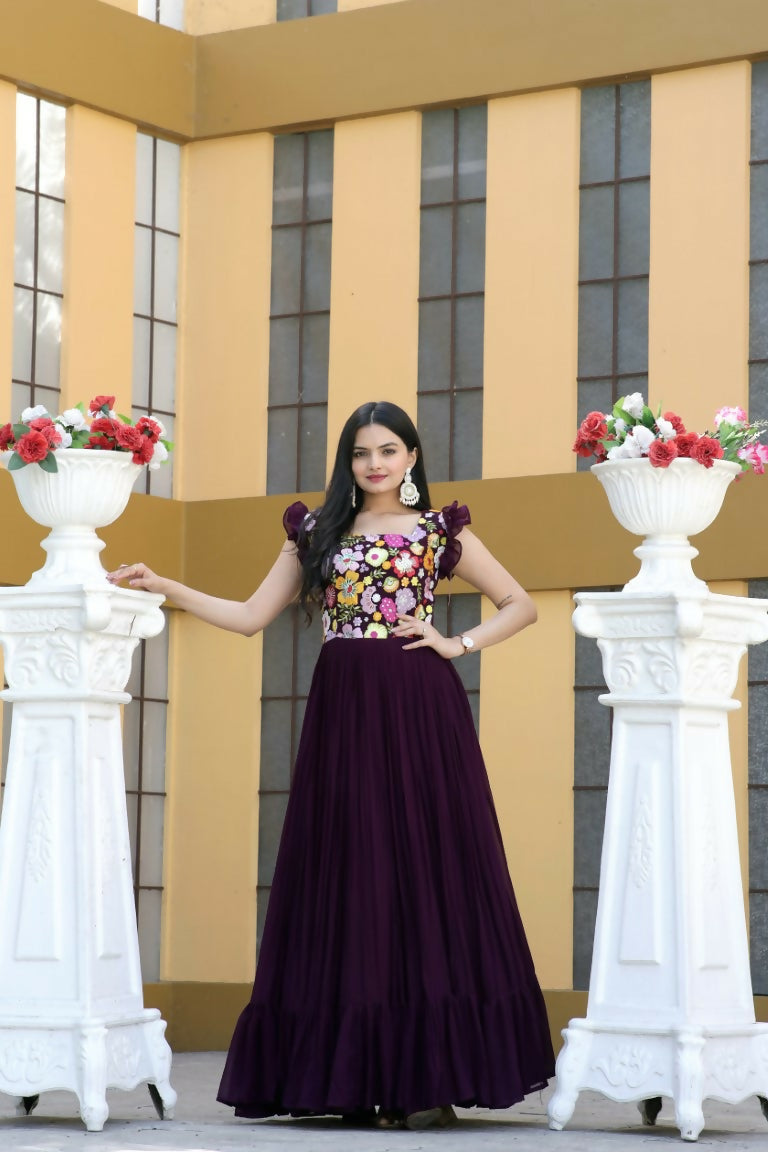 Wine-colored faux blooming Anarkali dress with sequin and thread embroidery