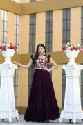 Wine-colored faux blooming Anarkali dress with sequin and thread embroidery