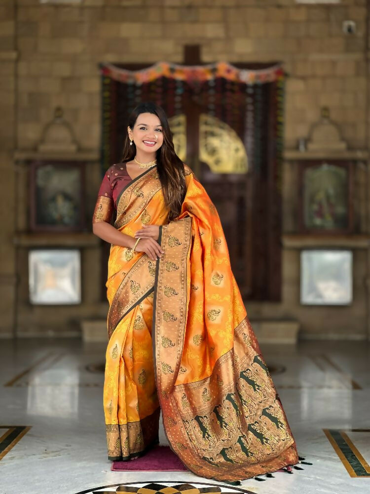 Mustard Orange Soft Banarasi Silk Saree with Zari Meenakari