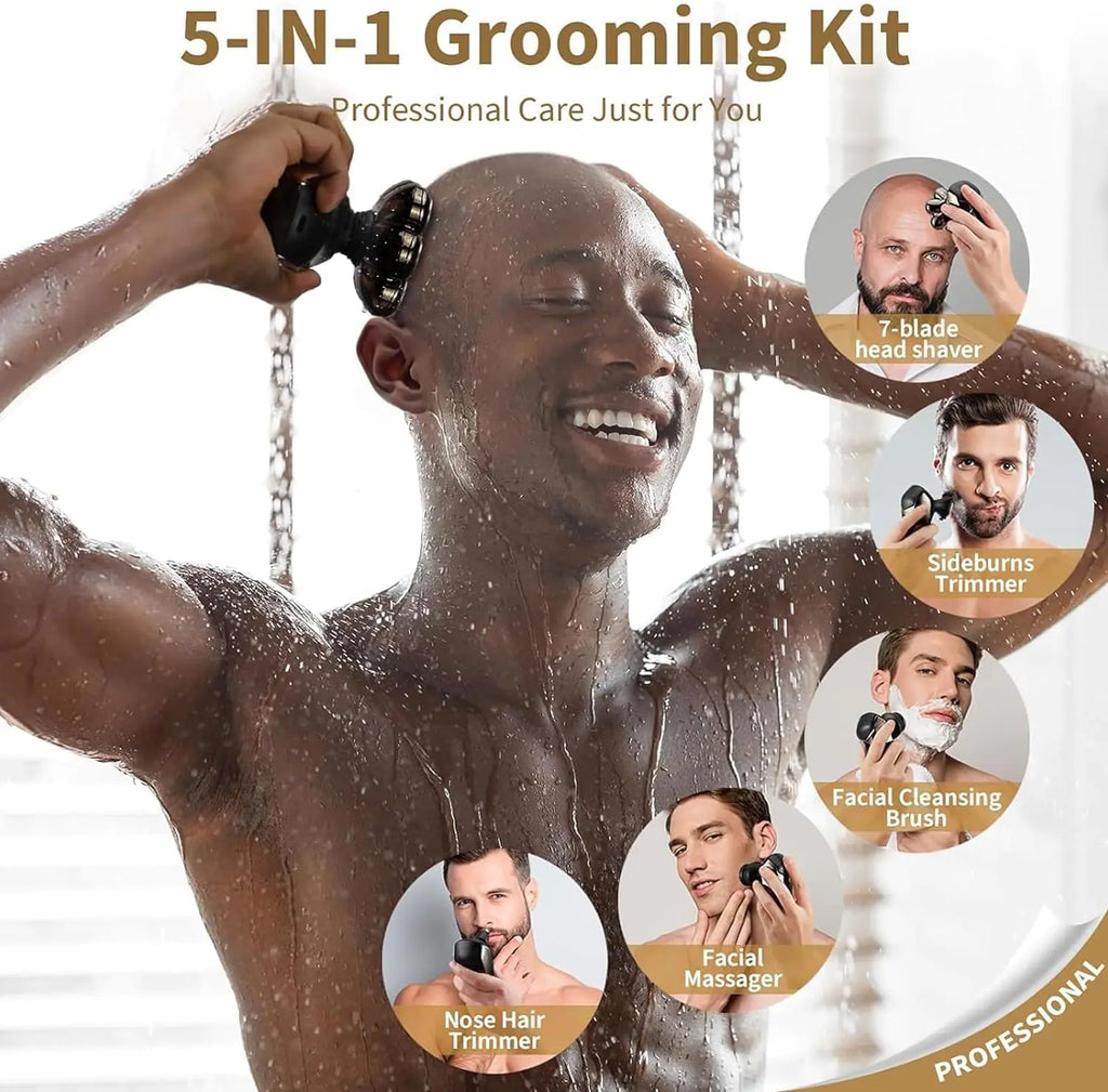 Detachable Head Shavers, SHPAVVER 5-in-1 Electric Razor IPX7 Waterproof for Bald Men, Wet/Dry LED Display Rechargeable 7D Rotary Shaver Grooming Kit with Type-C Charge (A) Brown