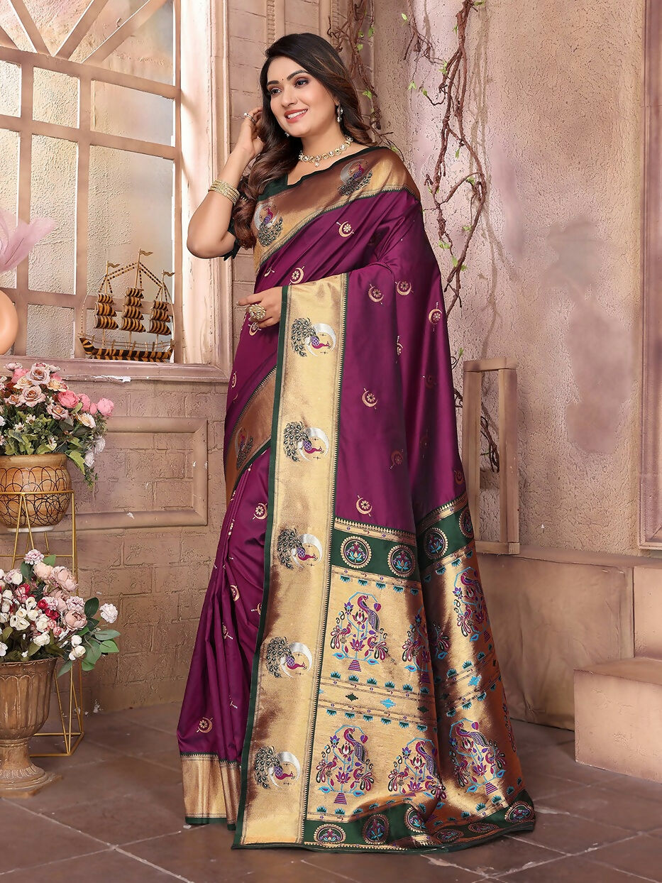 Maroon Paithani Woven Soft Silk Saree with Matching Blouse