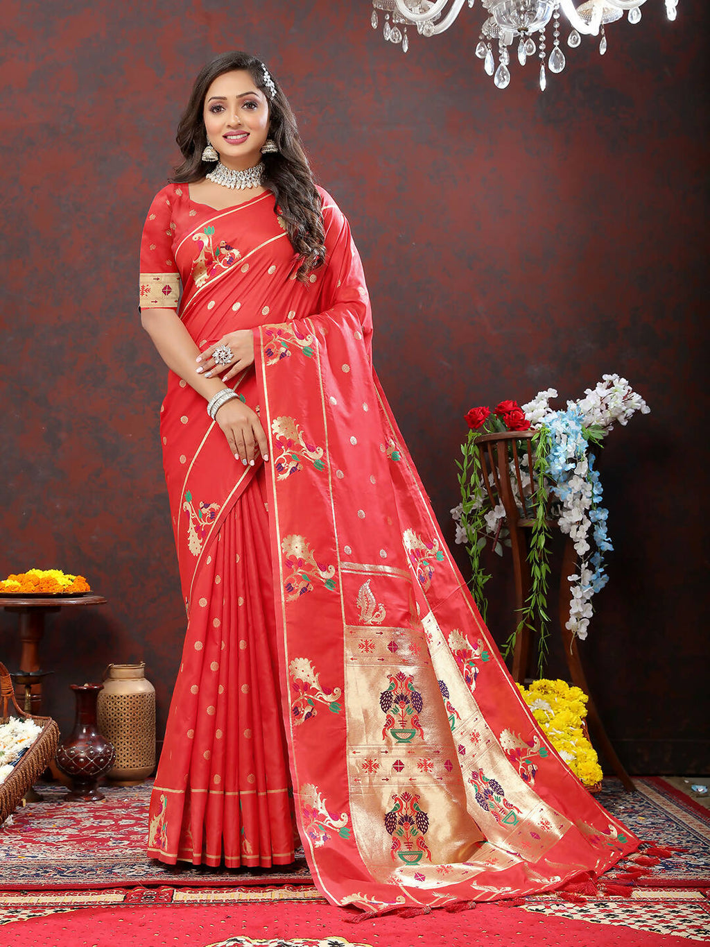 Red Soft Paithani Silk saree with gold zari Meenakari weaving