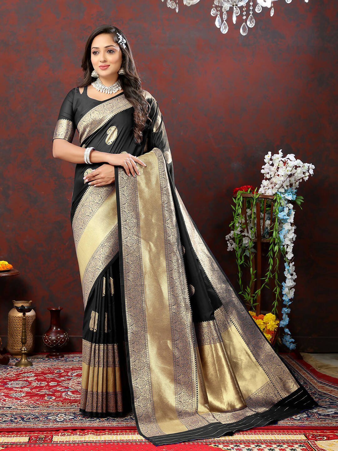 Black Soft Silk Saree with Gold Zari Weaving and Silk Blouse