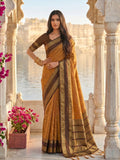 Mustard silk blend saree with matching blouse piece.