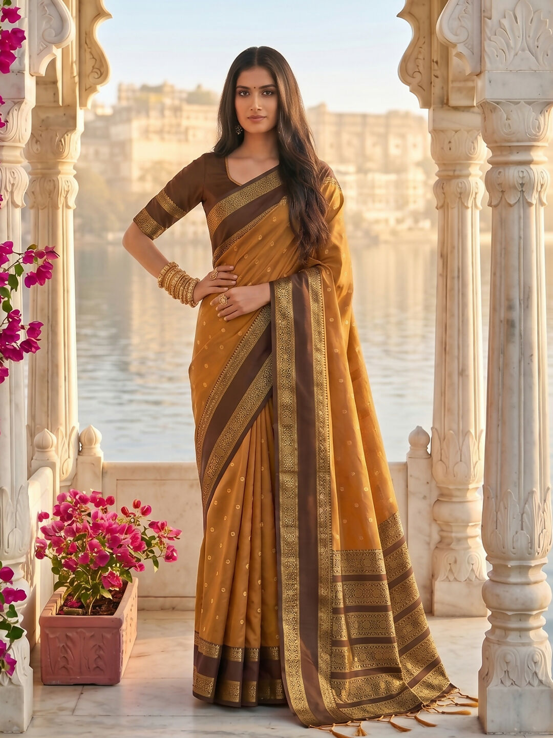 Mustard silk blend saree with matching blouse piece.