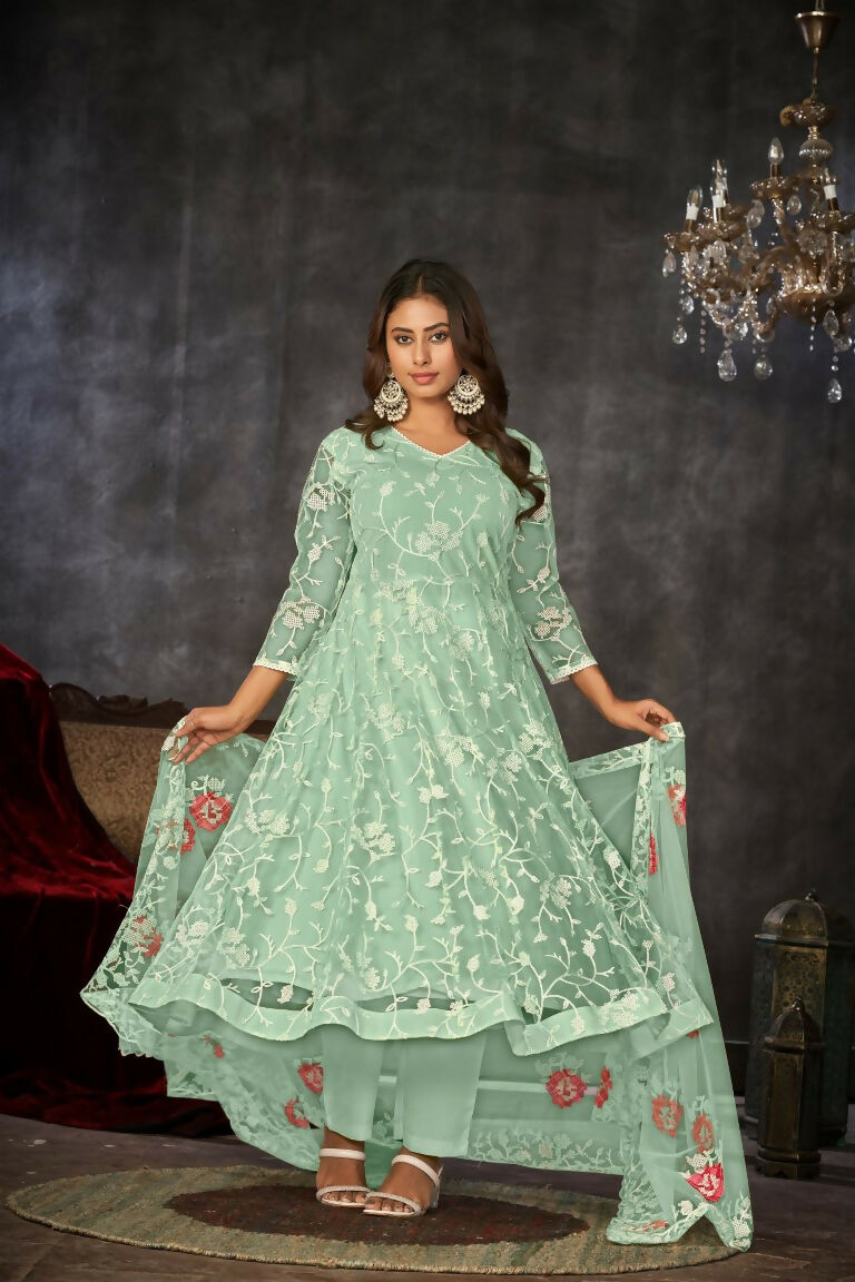 Sea green net embroidered anarkali set with matching dupatta