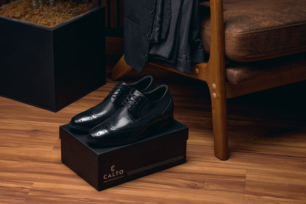 CALTO - Y10655 - 2.8 Inches Taller (Black) - Wingtip Oxford Dress Shoe