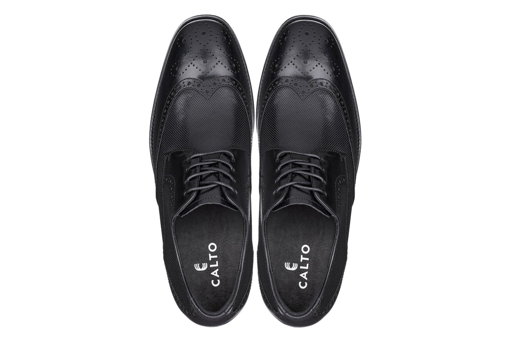 CALTO - Y10655 - 2.8 Inches Taller (Black) - Wingtip Oxford Dress Shoe