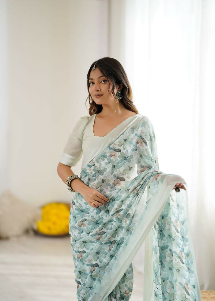 See_Green Bright Moss Satin Patta Printed Saree with Blouse