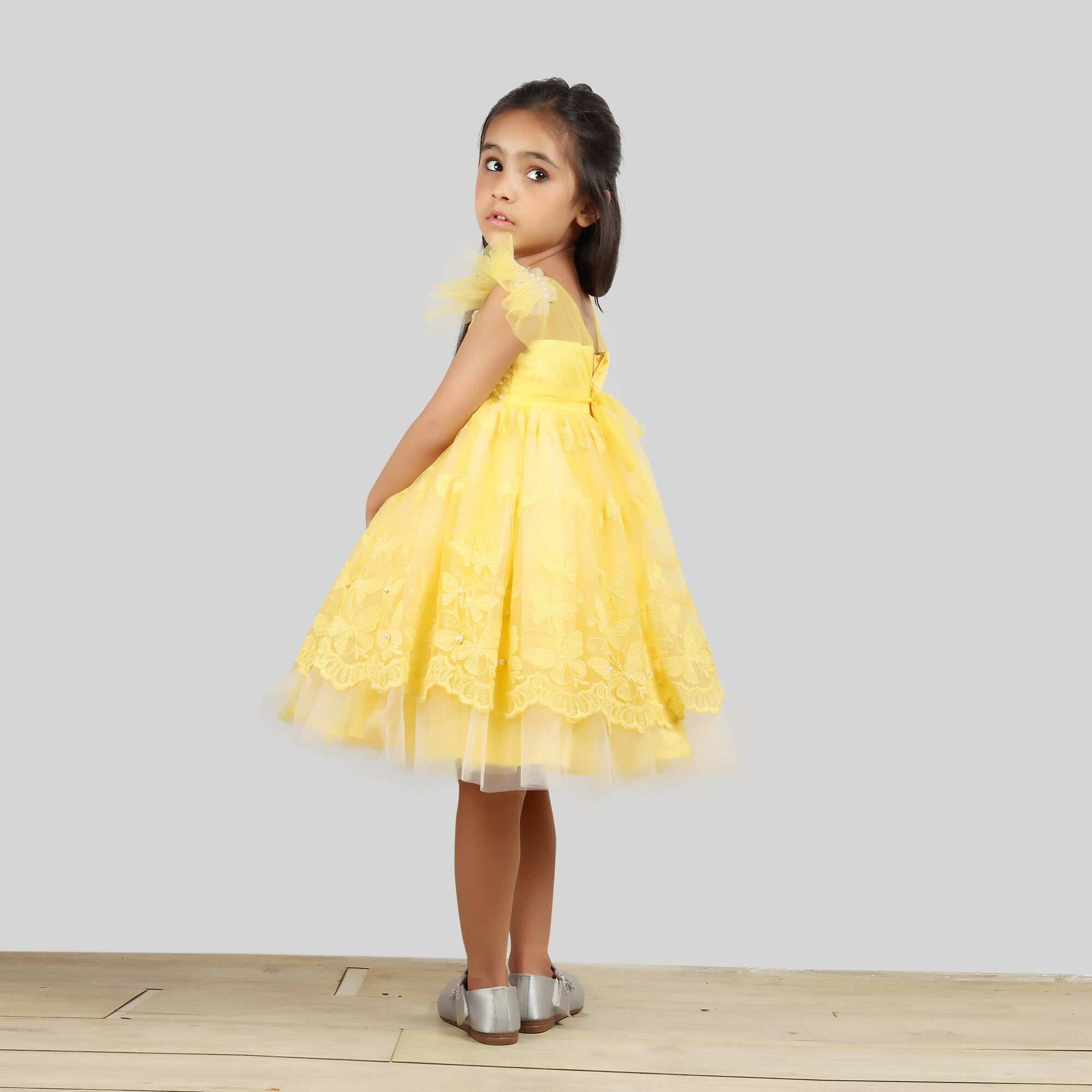 Yellow Lace and Net Layered Dress with Frill Sleeves