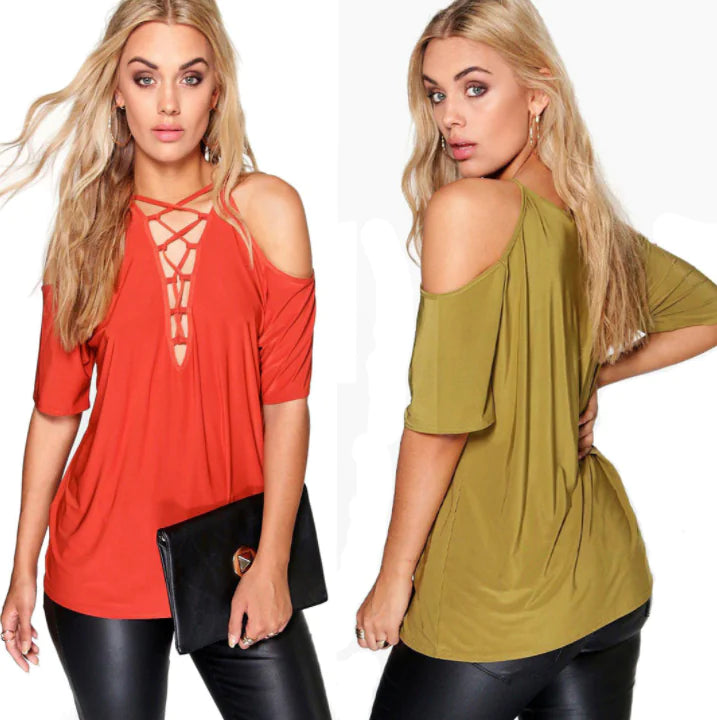 Women V-Neck Short Sleeve Blouse with Shoulder Tie Detail Autumn - Image 14