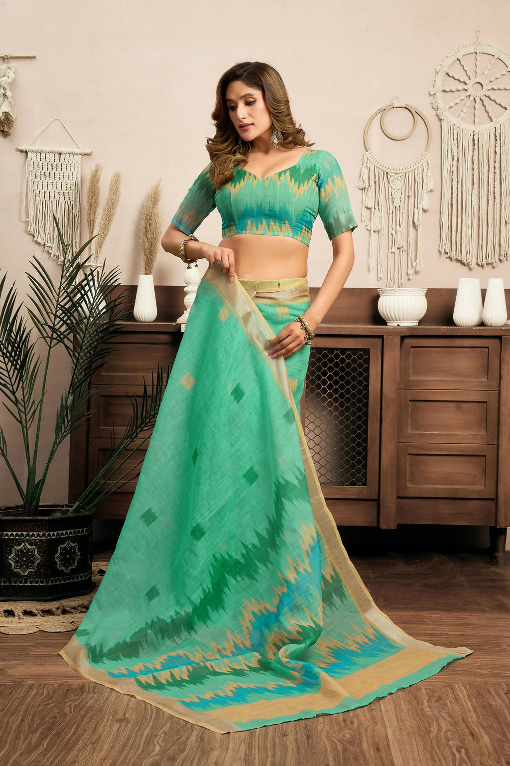 Teal Green Ikkat Linen Ready To Wear Saree with Blouse