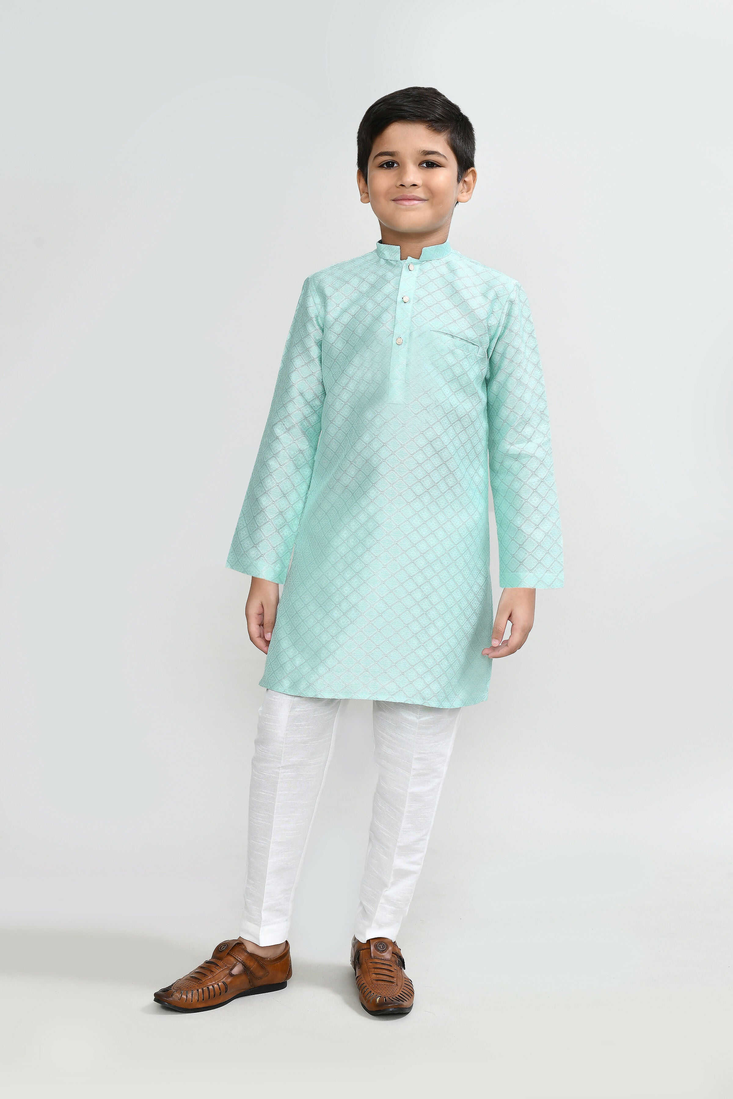 Pastel green cotton silk kurta with white straight-fit pants