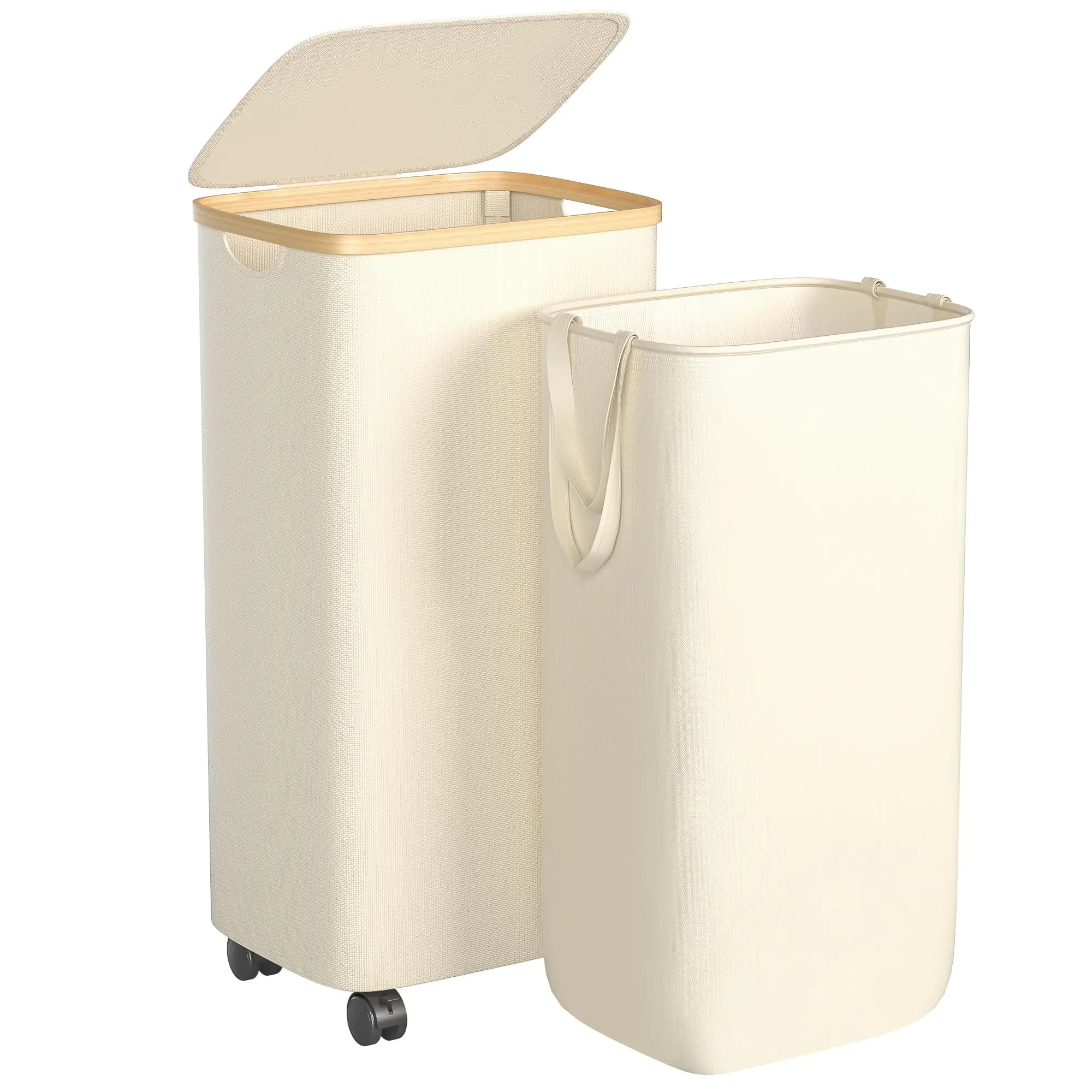 Foluck 75L Laundry Hamper with Wheels Rolling Laundry Basket with Lid and 2-Inch Silent Wheels Collapsible Tall Clothes Hamper with Bamboo Handles for Clothes Toys in Dorm Bedroom Bathroom Beige