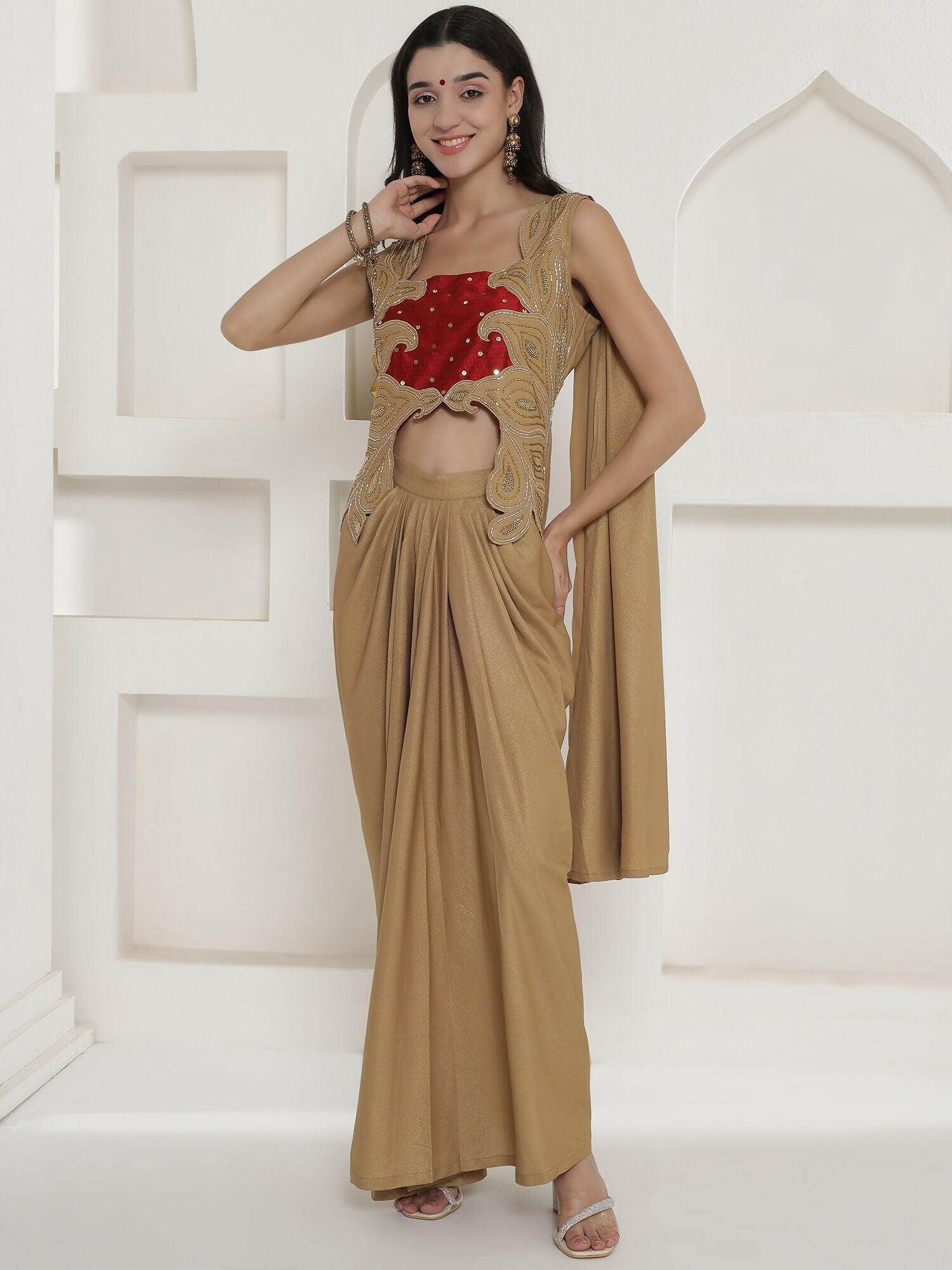 Golden Shimmer Chinnon Skirt Set with Hand Embellishment