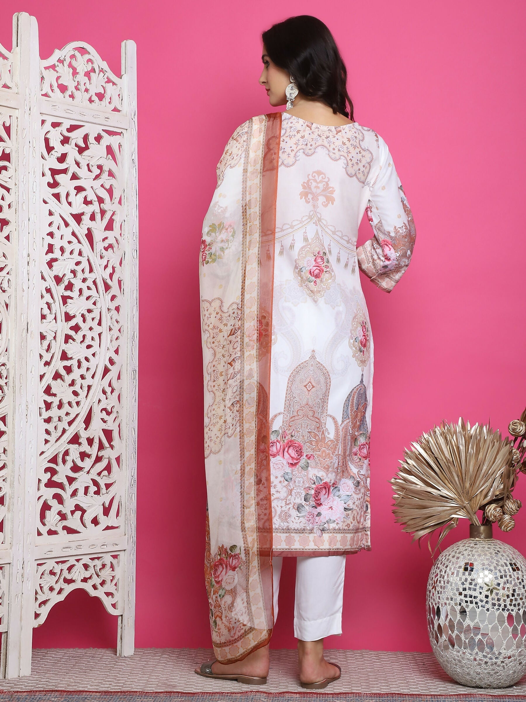 Cream Satin Traditional Digital Print Kurta Set with Crystal Work