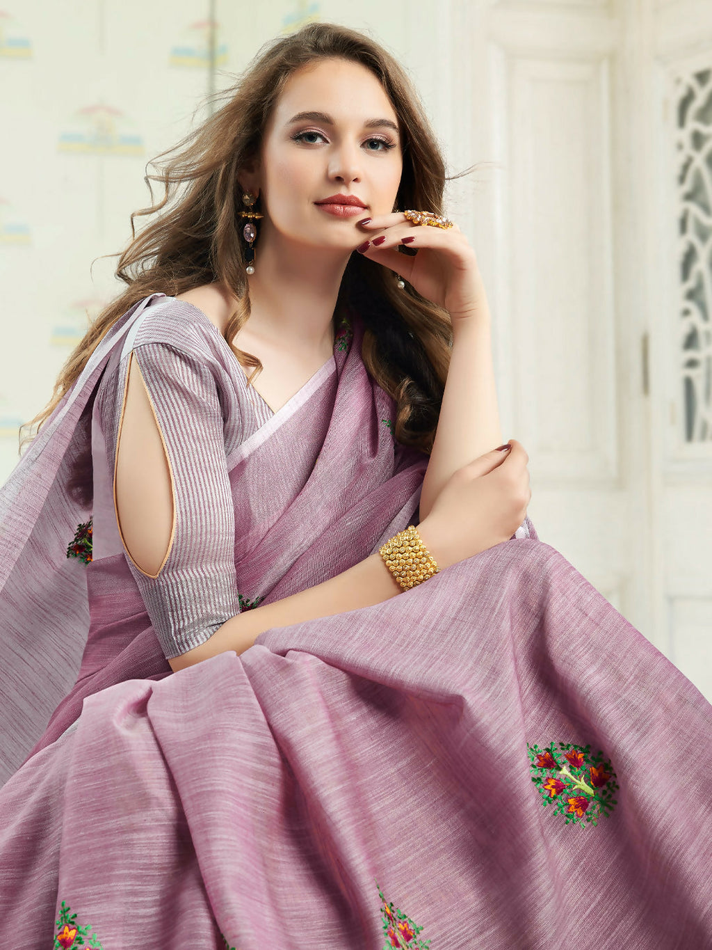 Light Purple Linen Saree with Matching Blouse Piece