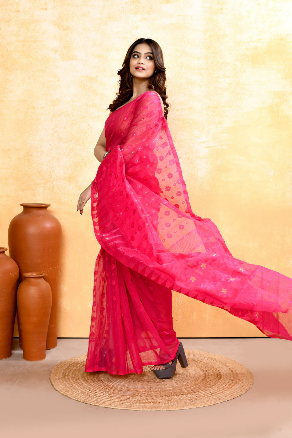 Rani Pink Embellished Cotton Blend Jamdani Saree for Women