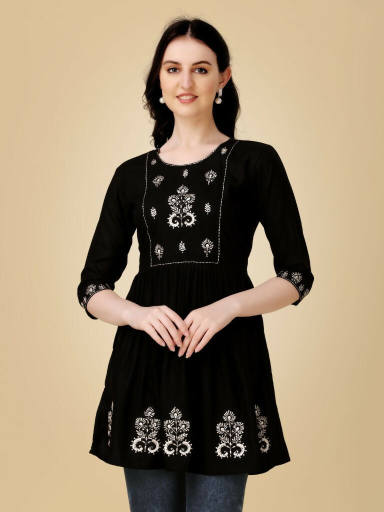 Women's Black Embroidered Viscose Rayon Casual Top