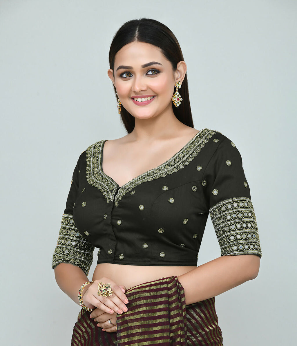 Dark Green Embroidered Art Silk Stitched Blouse for Women