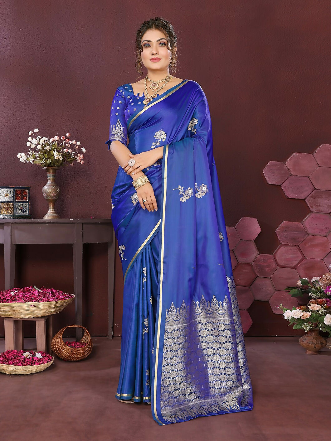 Blue floral Banarasi silk saree featuring satin silk fabric