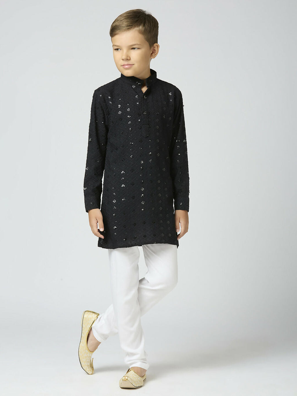 Boys Cotton Kurta and Pyjama Set with Sequin Work - Black
