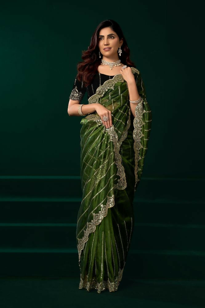 Green Net Party Wear Saree with Black Velvet Blouse