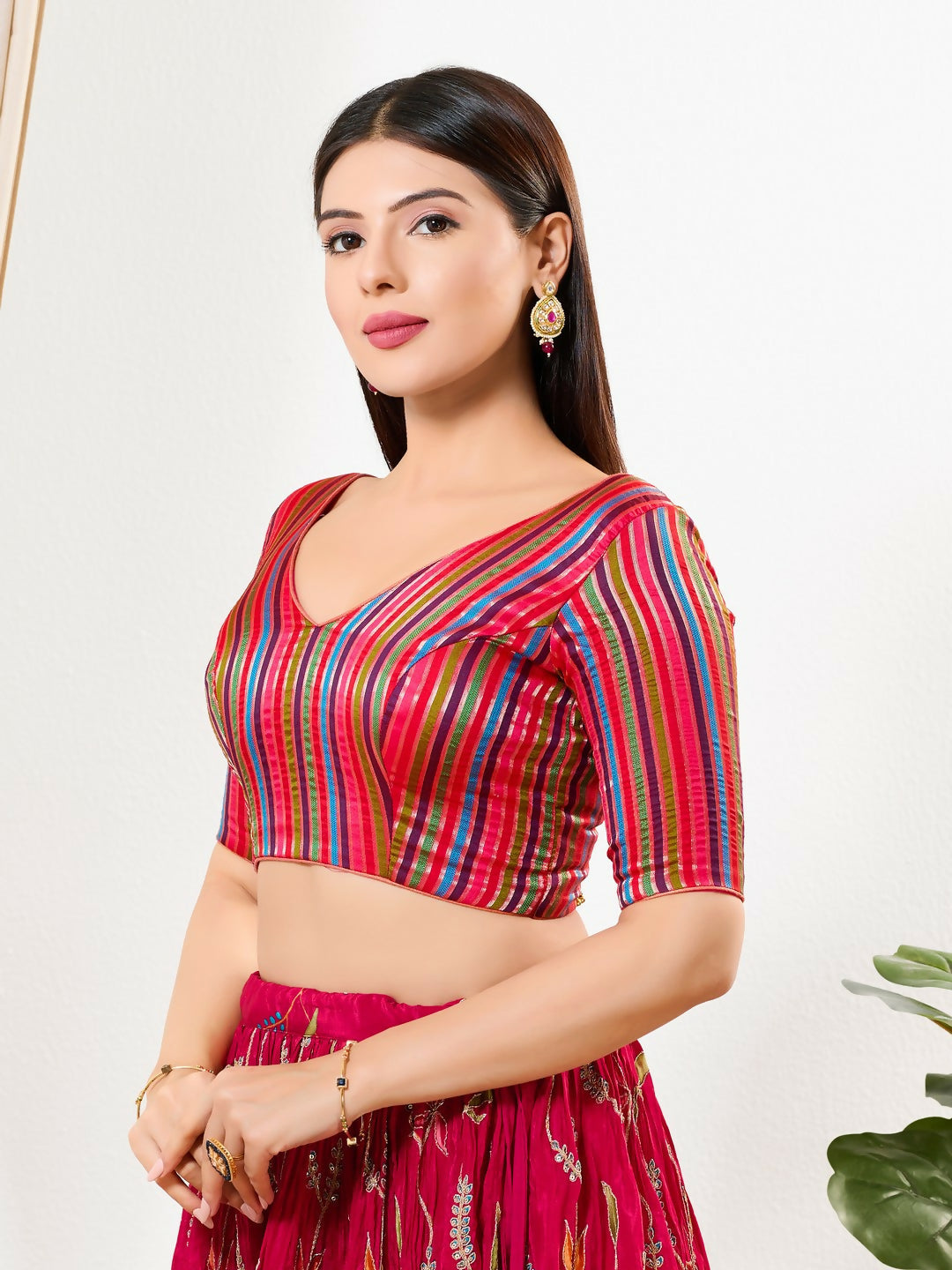 Pink Multi Brocade Padded Blouse with V Neck and Elbow Sleeves