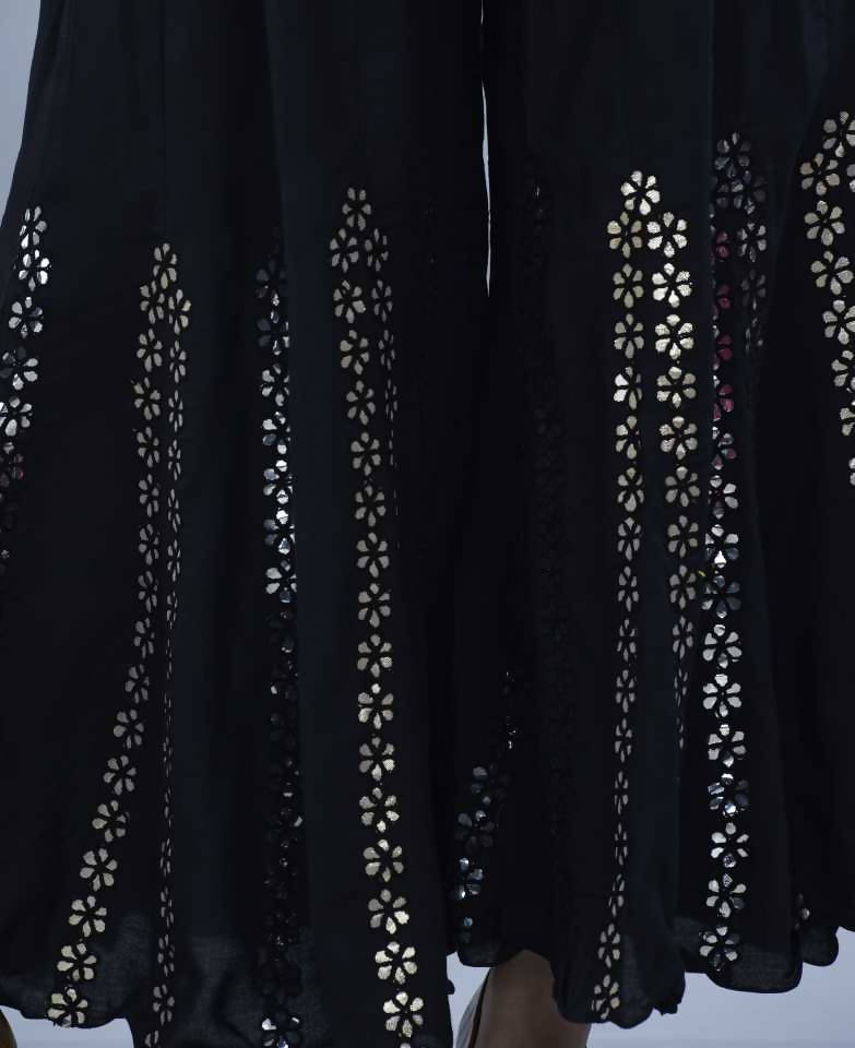 Women's Black Mirror Work Palazzo Pants - Elegant Wide Leg