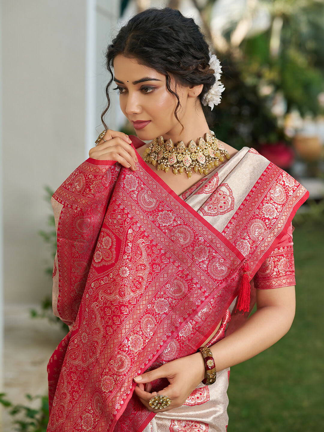 Cream and Red Silk Blend Saree with Matching Blouse