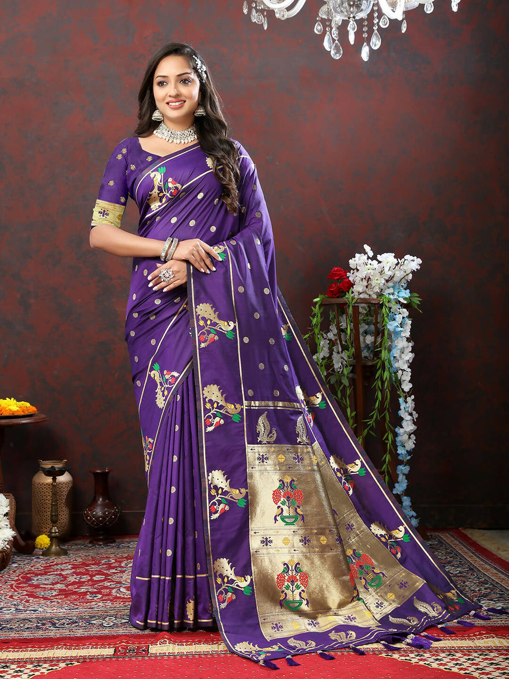 Purple Soft Paithani Silk Saree with Gold Zari Meenakari