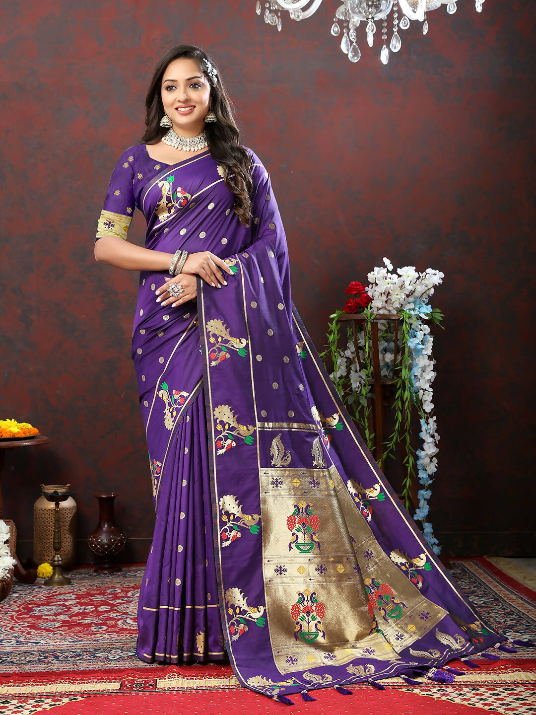 Purple Soft Paithani Silk Saree with Gold Zari Meenakari