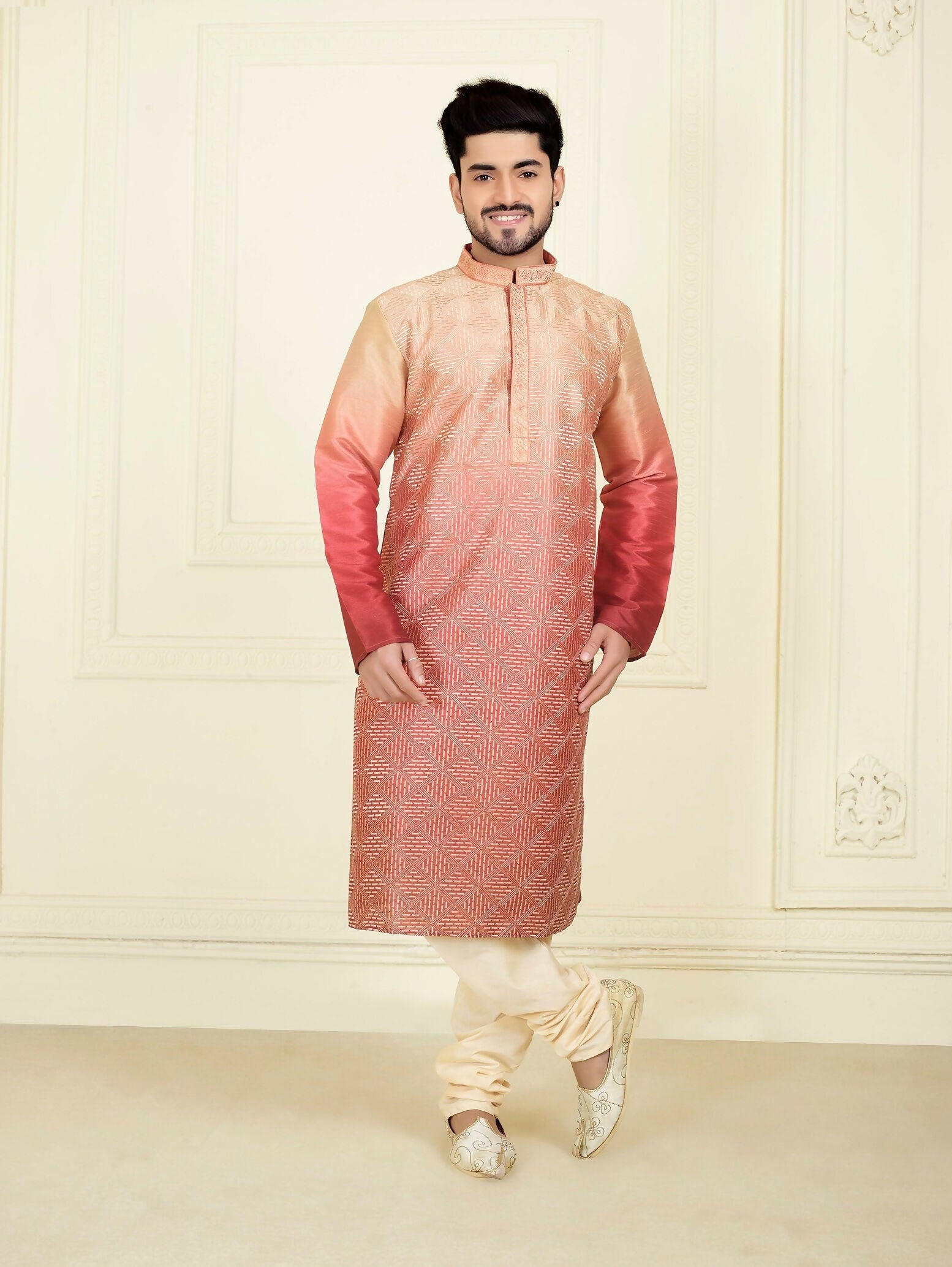 Close up of peach slub silk embroidered kurta pyjama set