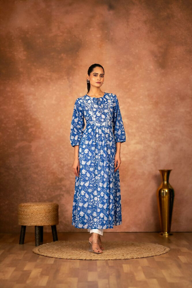 Blue floral hand block printed cotton kurta and pant set