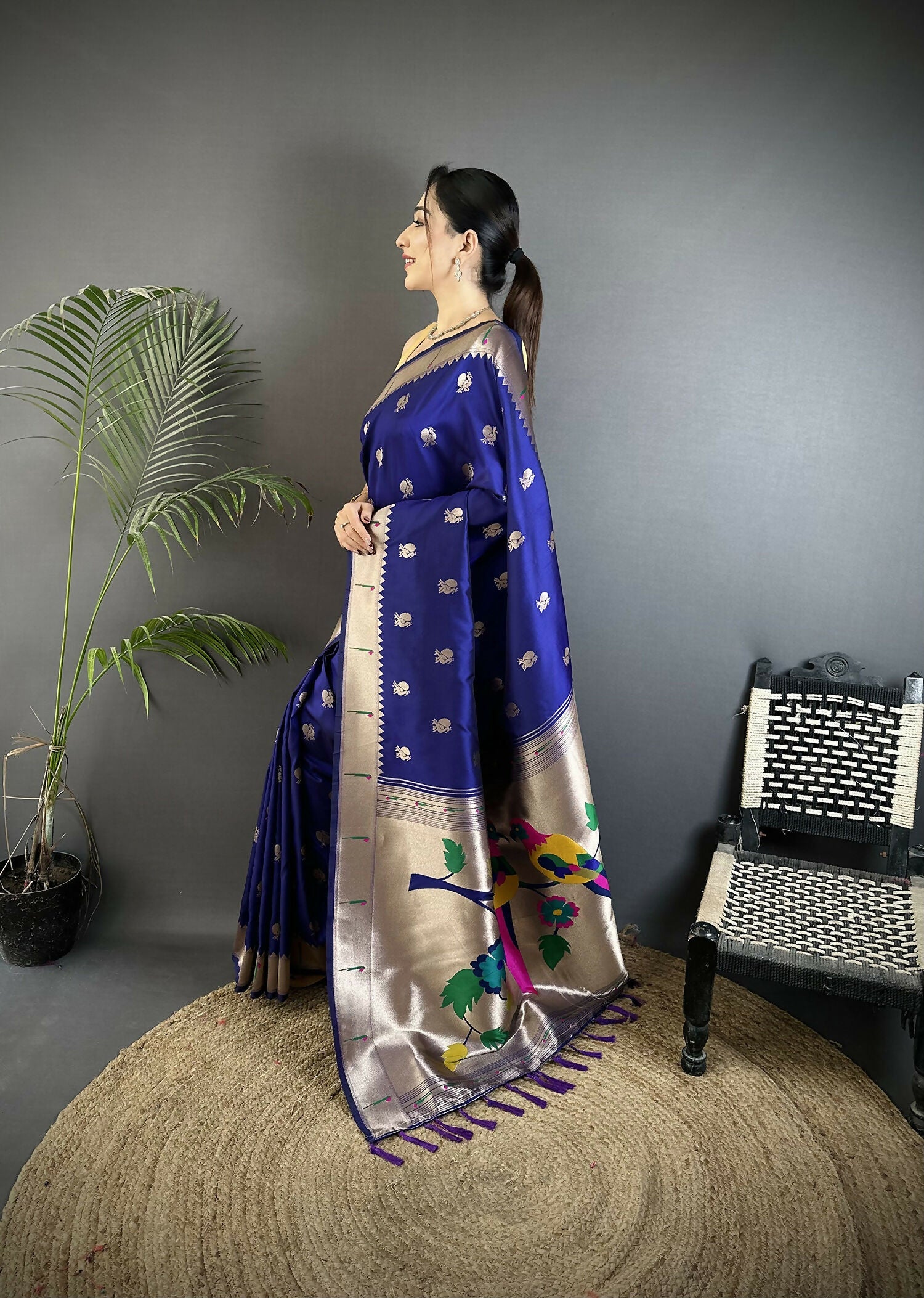 Royal Blue Soft Silk Kanchipuram Saree with Peacock & Floral Motifs