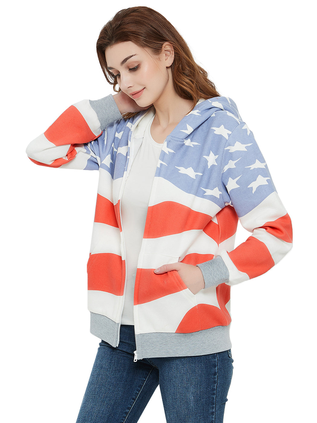 Women's American Flag Print Pullover Hoodie with Pouch Pocket - Image 9