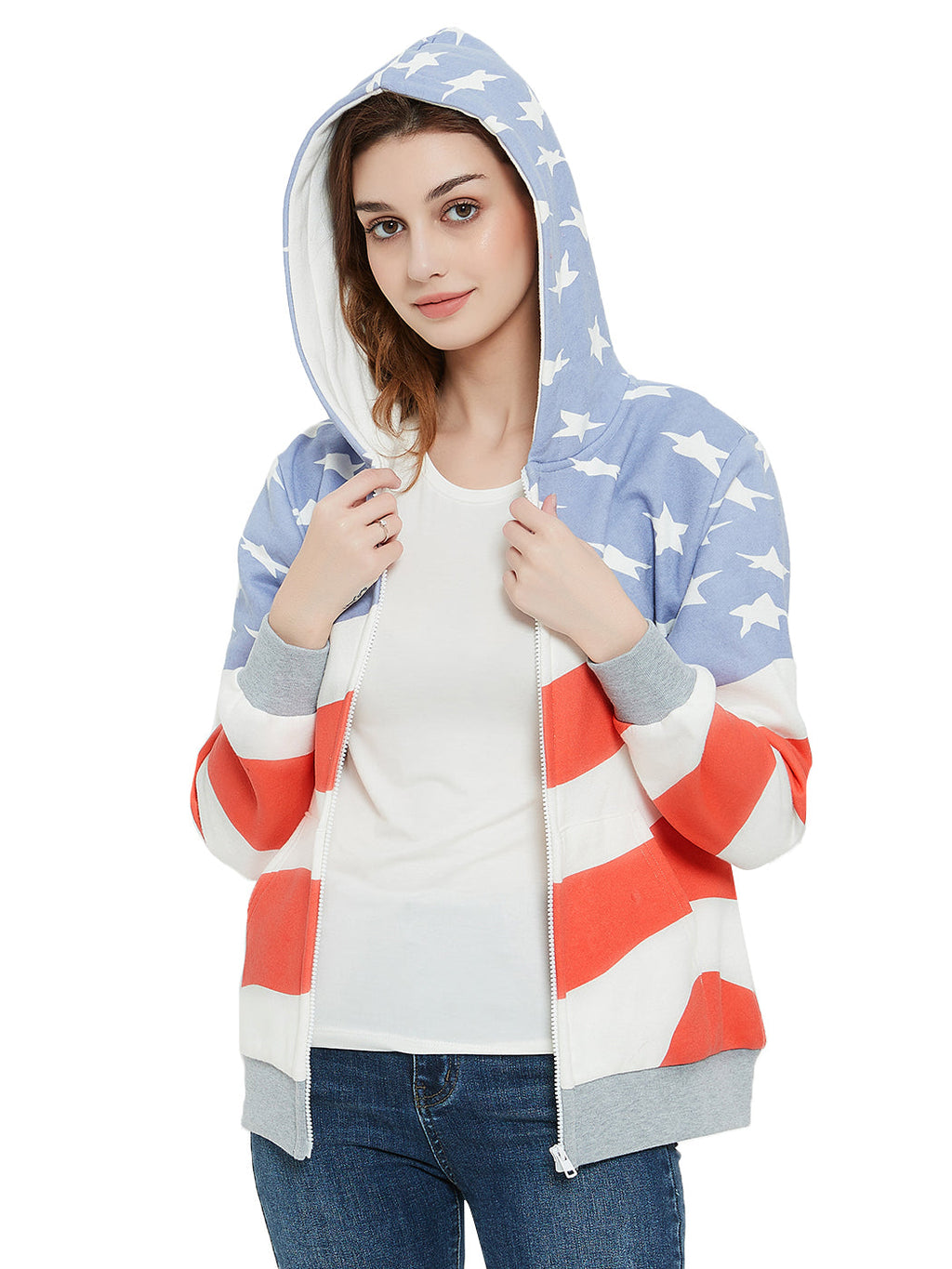 Women's American Flag Print Pullover Hoodie with Pouch Pocket - Image 12