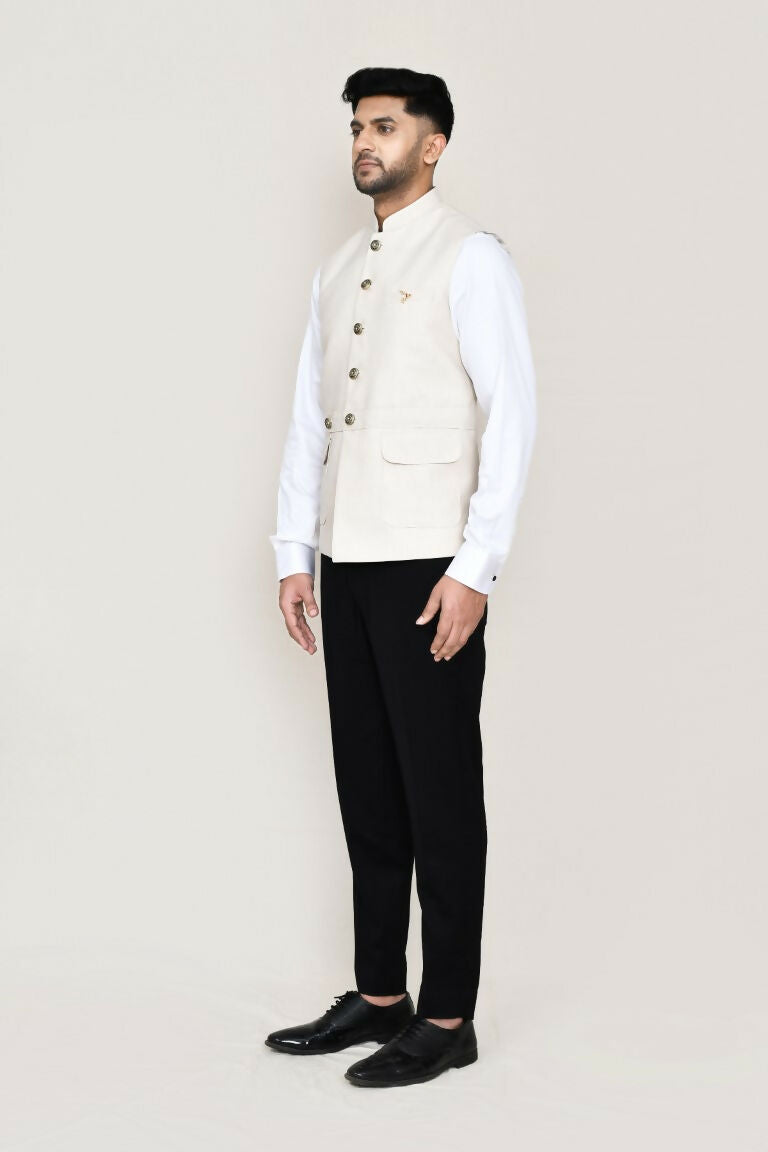White Art Silk Kurta Set with Jacket and Straight Fit Pants