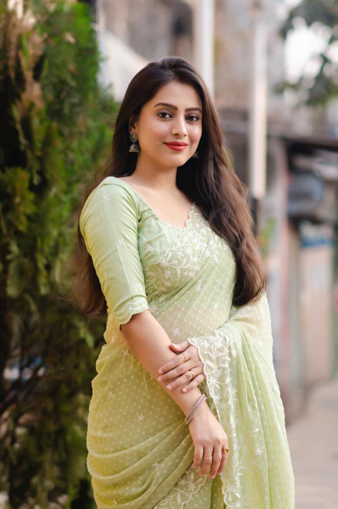 Green Pure Chiffon Woven Design Saree with Unstitched Blouse - Hiral Fashion