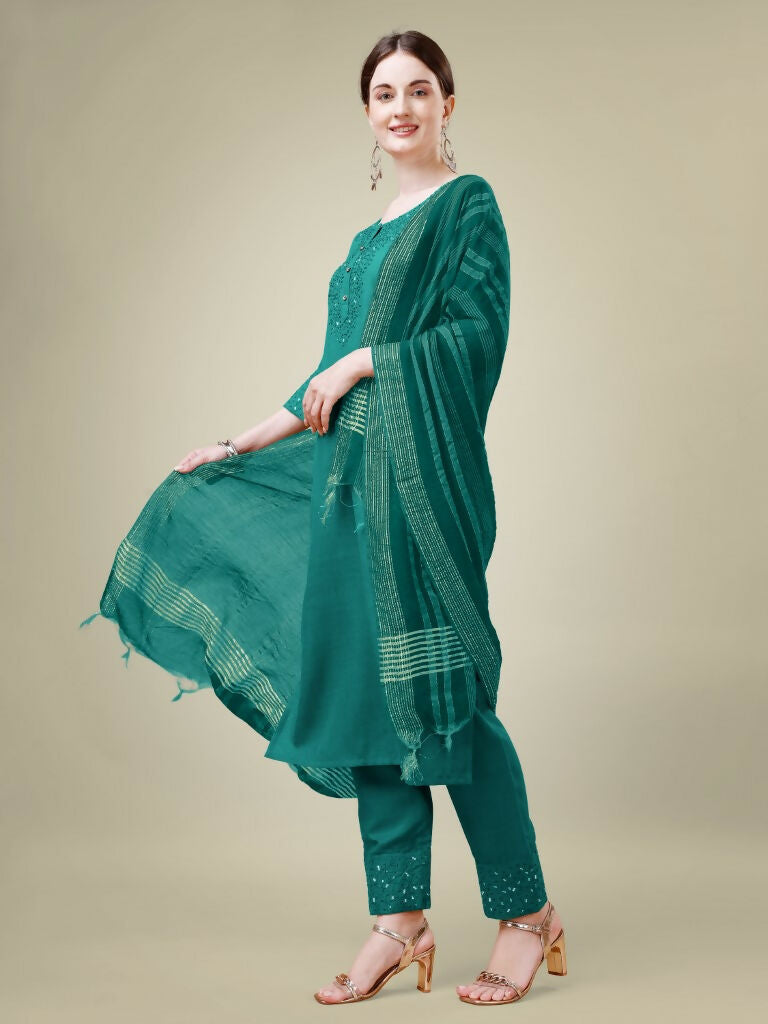 Women's Teal Cotton Blend Embroidered Straight Kurta with Trouser & Dupatta