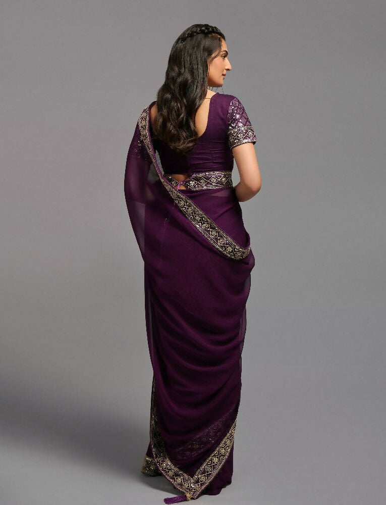 PR Fashion Wine Zometo Embroidery Lace Saree