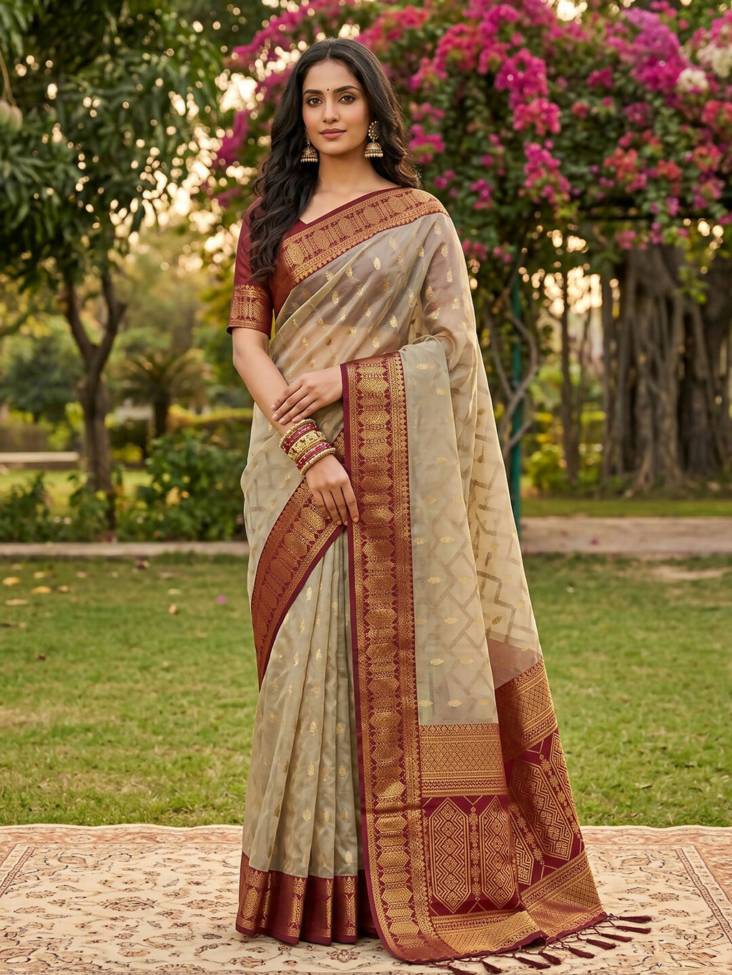 Chiku and red cotton saree with matching blouse draped elegantly.