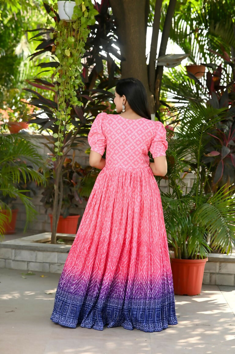 Pink Bandhej Print Muslin Anarkali Dress with Crush Pleating