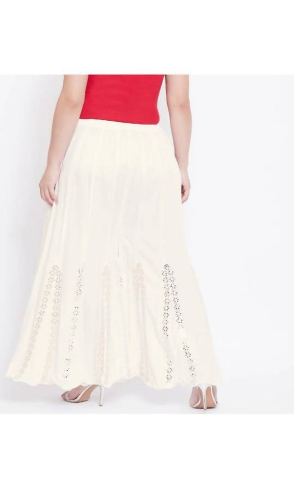 Off White Mirror Flower Work Palazzo Pants - Wide Leg Casual Fit