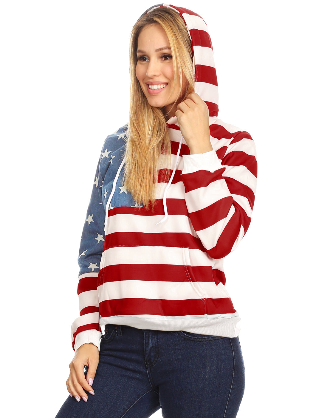 Women's American Flag Print Pullover Hoodie with Pouch Pocket - Image 2