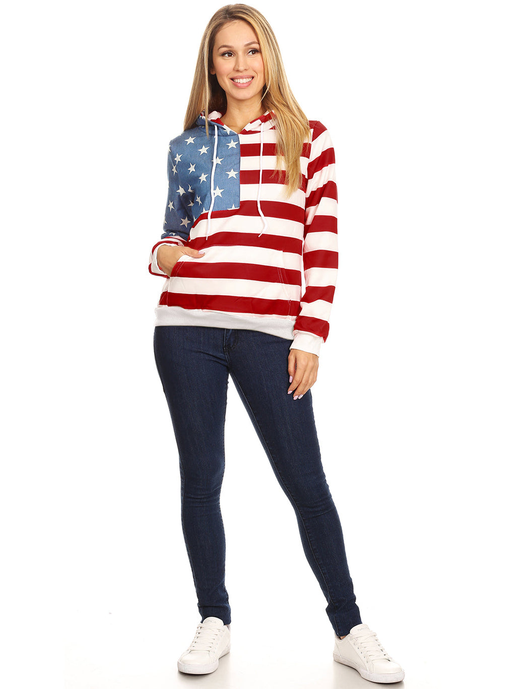 Women's American Flag Print Pullover Hoodie with Pouch Pocket - Image 5