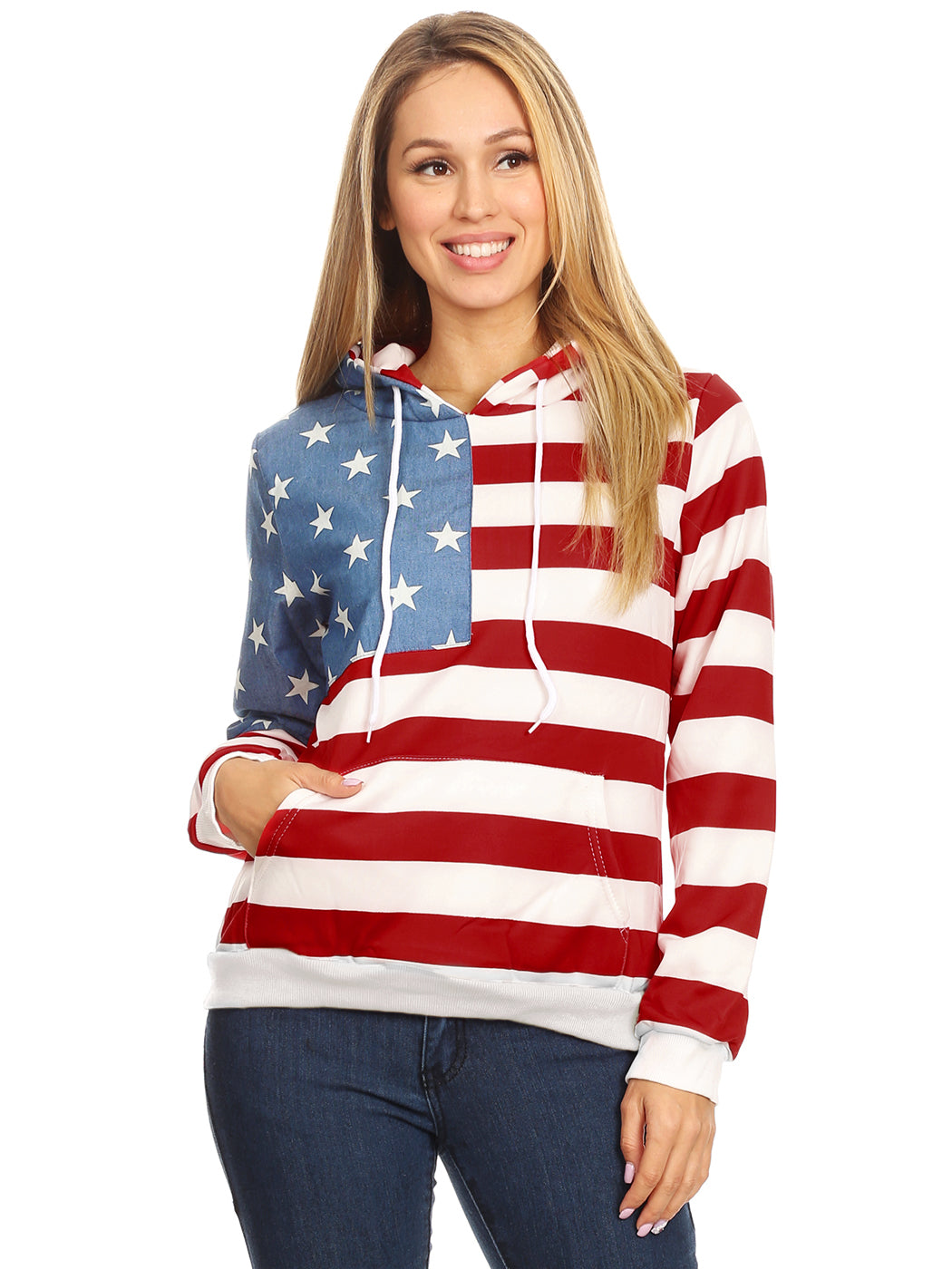 A woman wearing a red, white, and blue American flag print hoodie with a pouch pocket and drawstring hood.