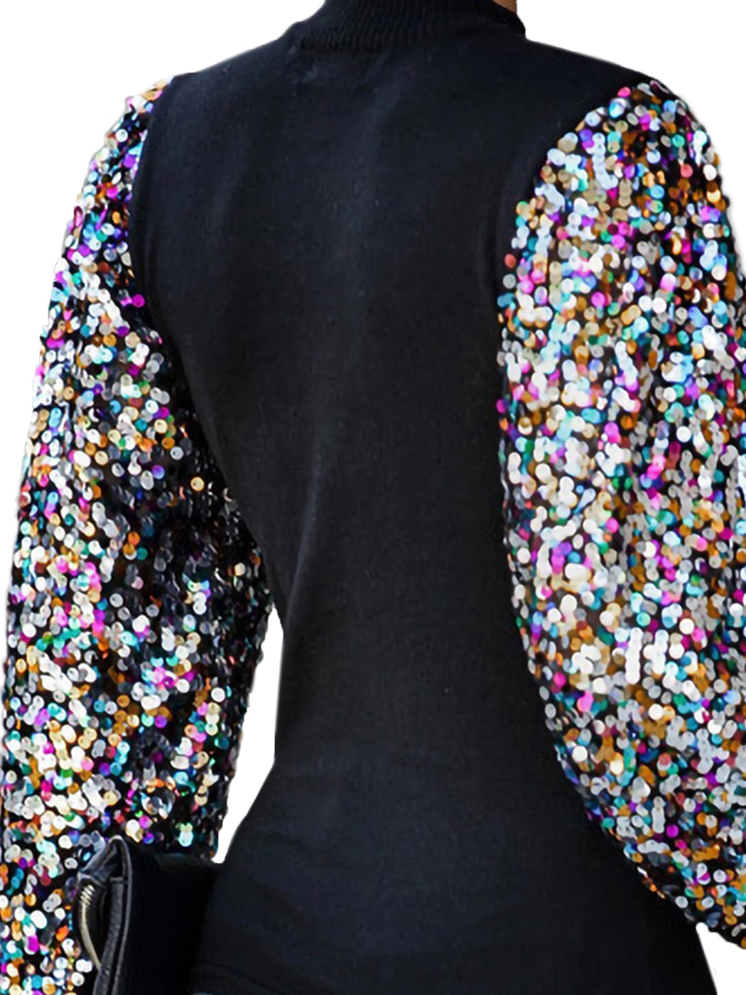 White Mock Neck Long Sleeve Top with Silver Sequin Balloon Sleeves - Image 16