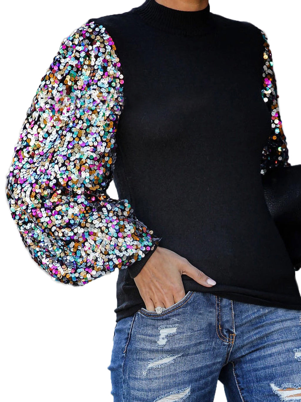 White Mock Neck Long Sleeve Top with Silver Sequin Balloon Sleeves - Image 17