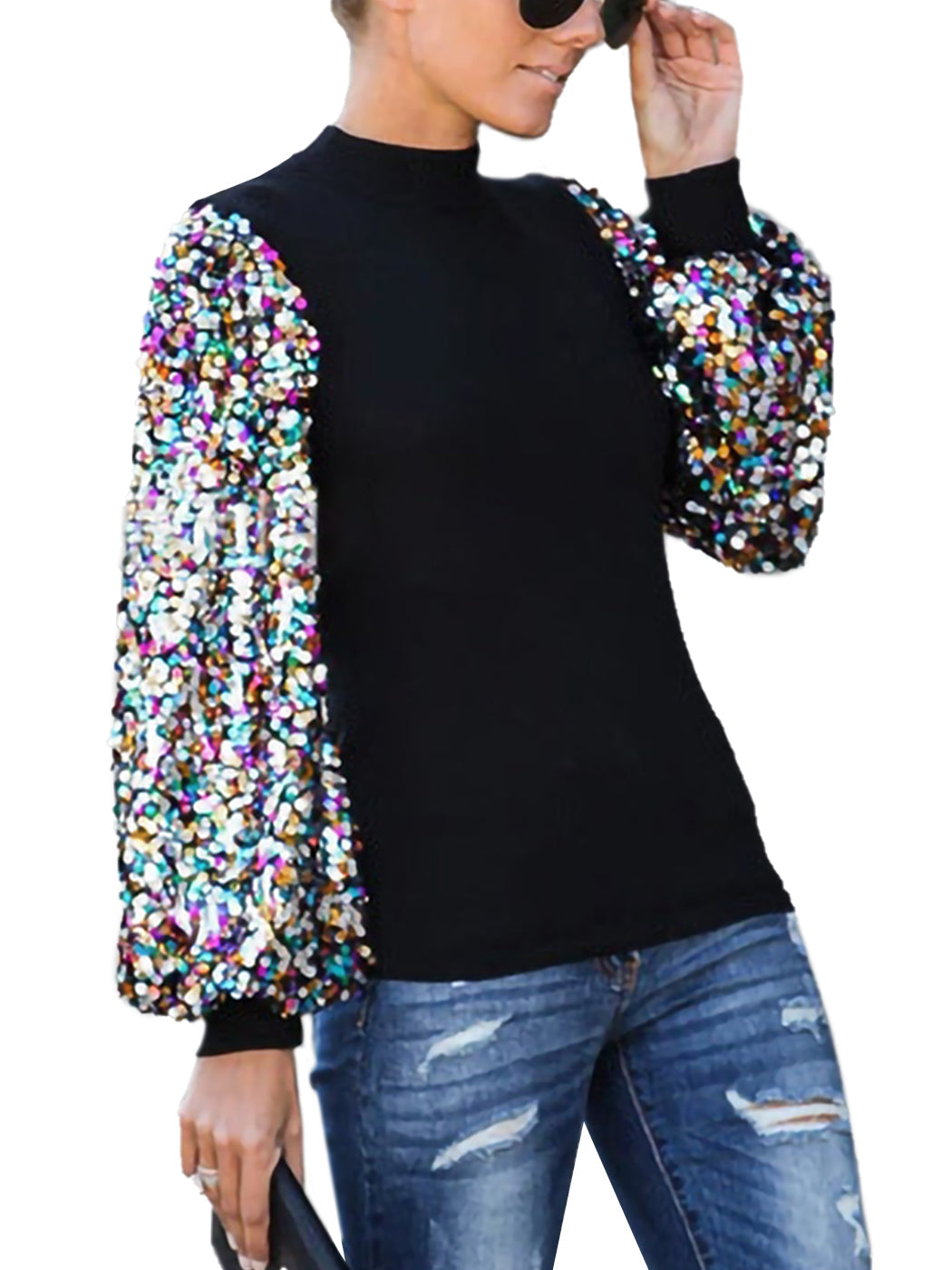 White Mock Neck Long Sleeve Top with Silver Sequin Balloon Sleeves - Image 19